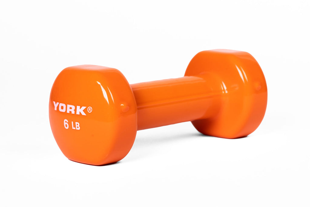 YORK 6 lb orange vinyl dumbbell - angled view
