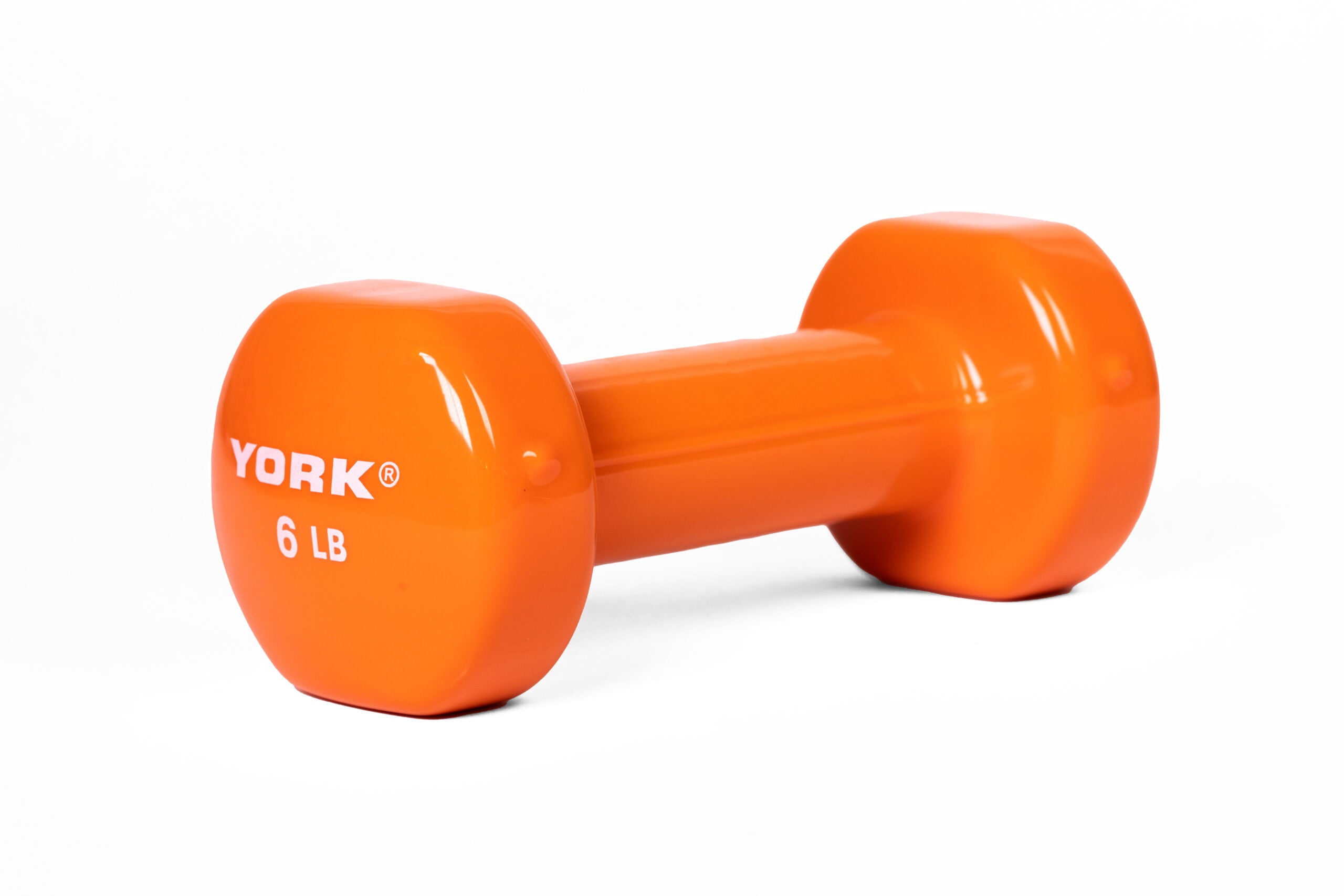 YORK 6 lb orange vinyl dumbbell - angled view