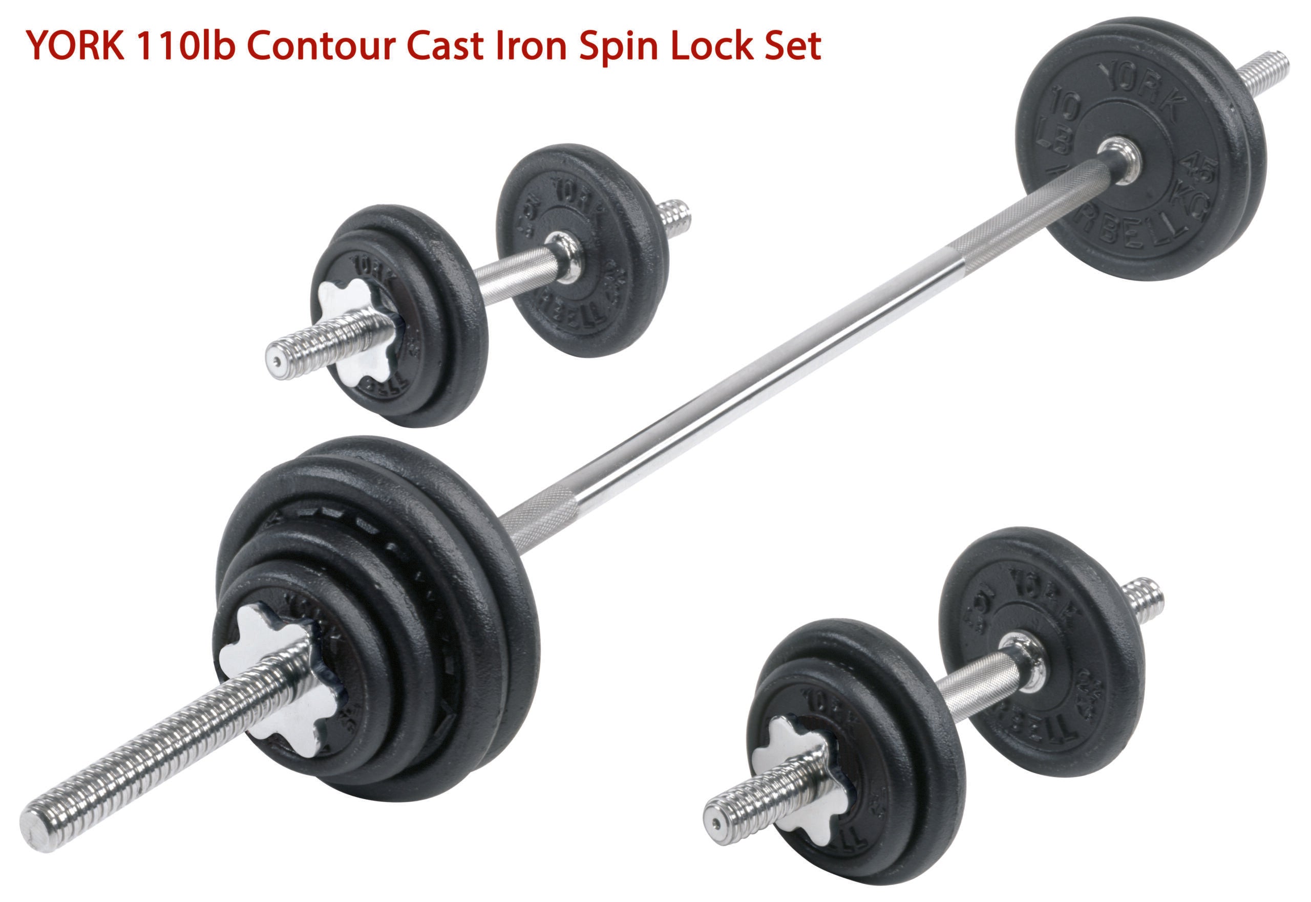 YORK® Cast Iron Dumbbell / Barbell Spinlock 110lb Set