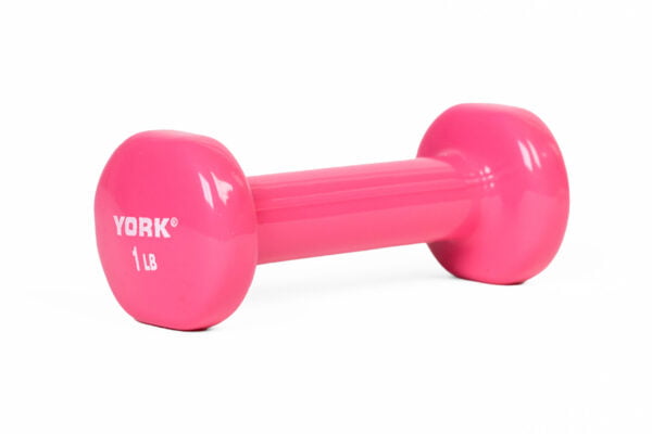 YORK 1 lb pink vinyl dumbbell - angled view