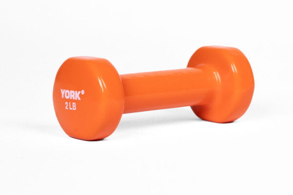 YORK 2 lb orange vinyl dumbbell - angled view