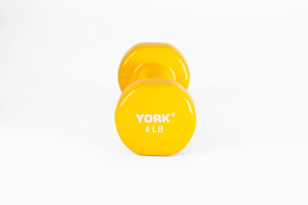 YORK 4 lb yellow vinyl dumbbell - side view