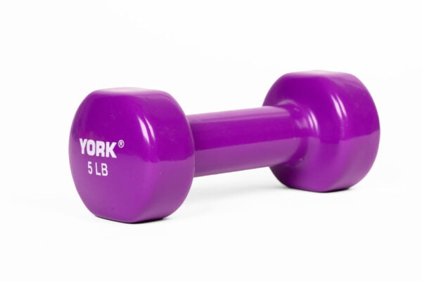 YORK 5 lb violet vinyl dumbbell - angled view