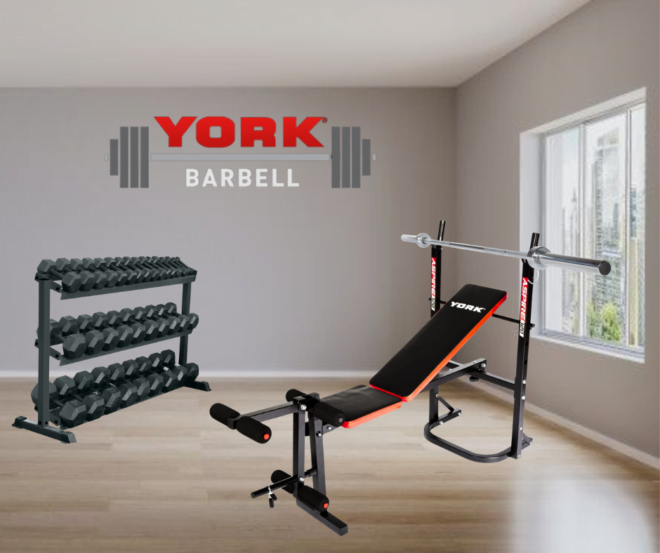 york barbell weight bench in home gym